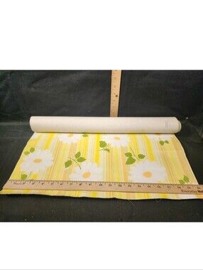Vintage White Daisy On Stripes Mid Century Wallpaper Roll Partial 1-12